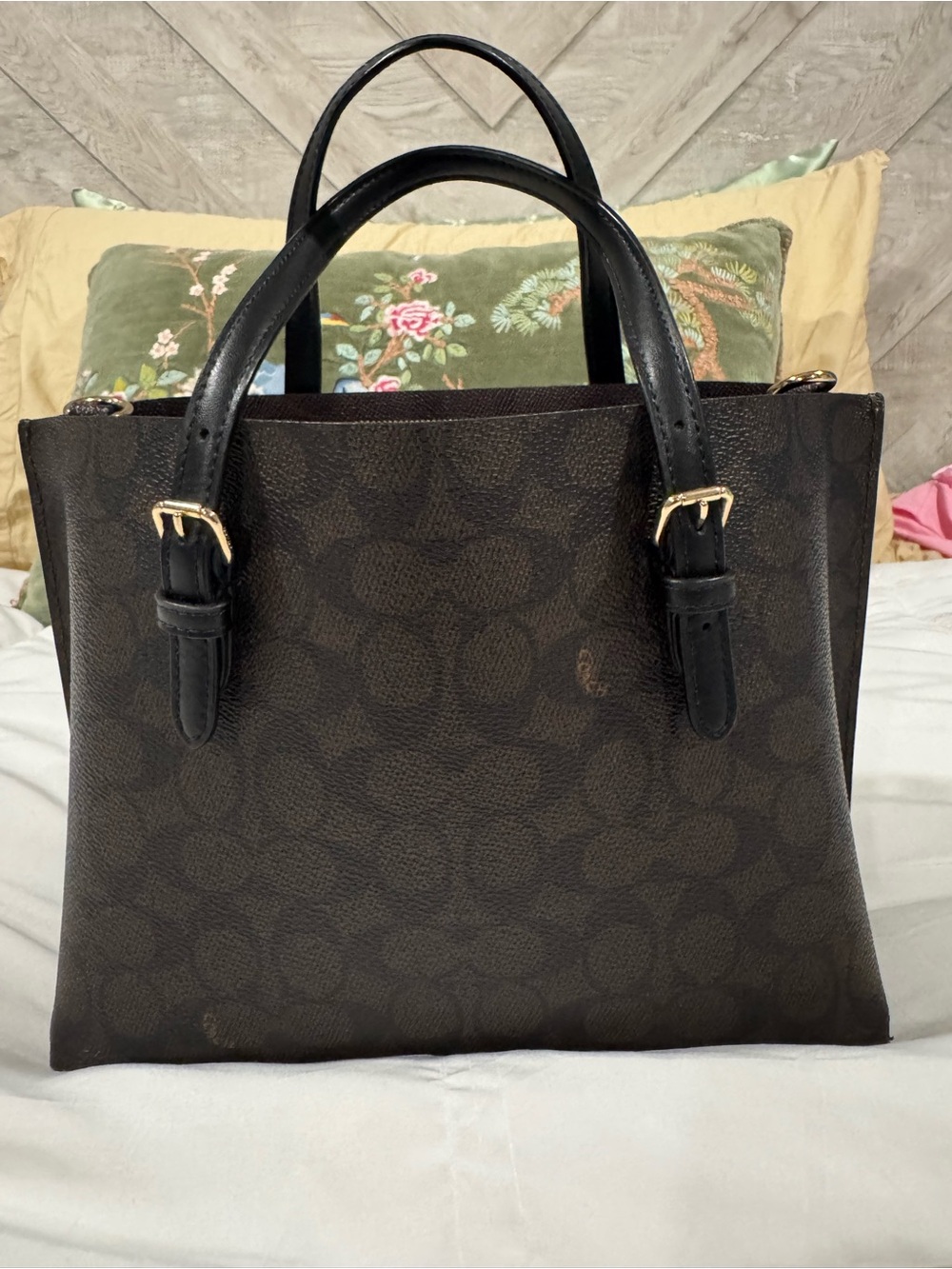 COACH Mollie Tote Bag 25 - Signature Small Tote in Brown with Black Trim - Picture 4 of 16